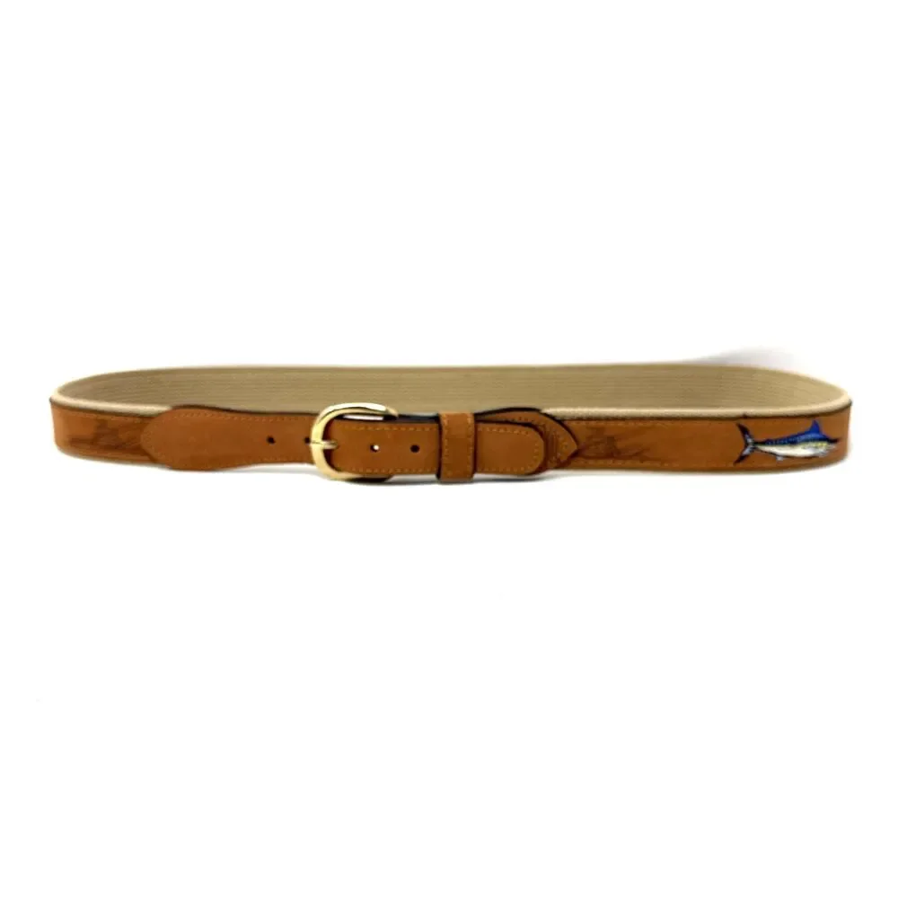 Zep Pro Leather Embroidered Marlin Belt Mens Sz 42 Tan Buff Emboss Fishing Boat